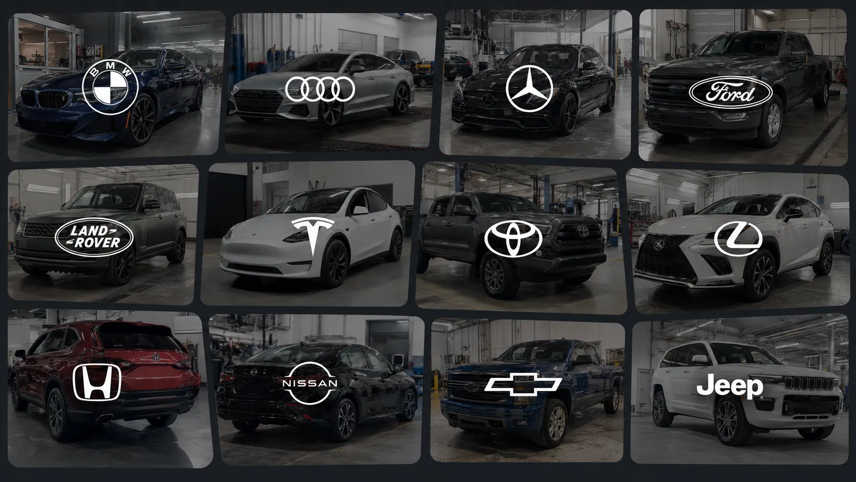 Vehicles of different makes serviced at Menny's Body Shop: BMW, Audi, Mercedes-Benz, Ford, Land Rover, Tesla, Toyota, Lexus, Honda, Nissan, Chevrolet, and Jeep