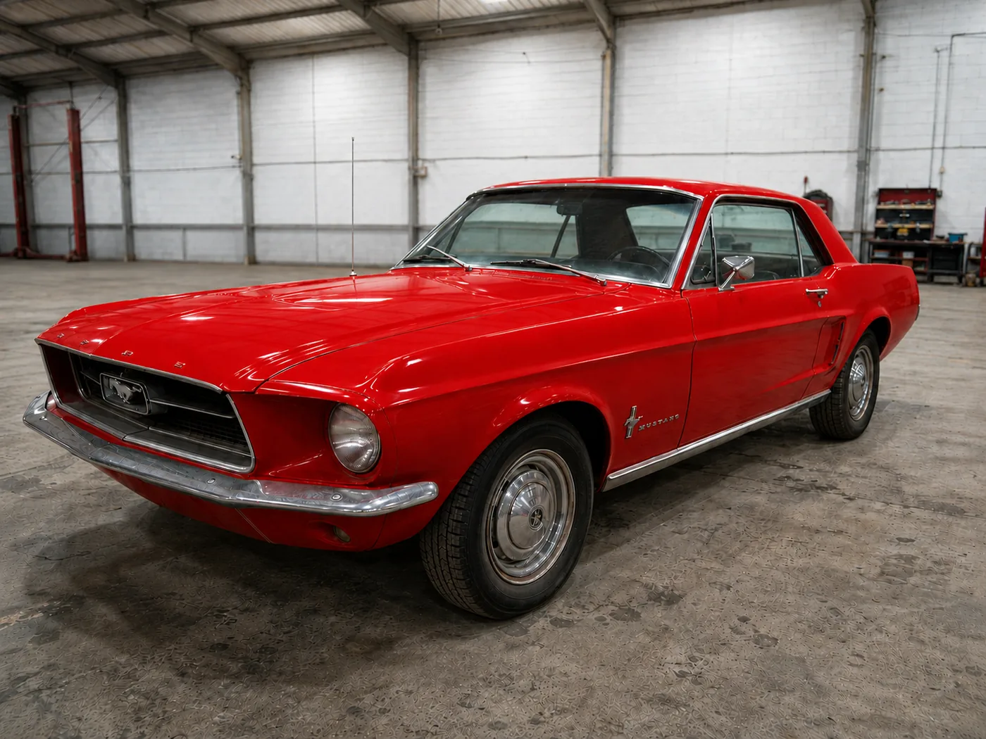 Classic Ford Mustang with paint restored to a high-gloss red, after the process