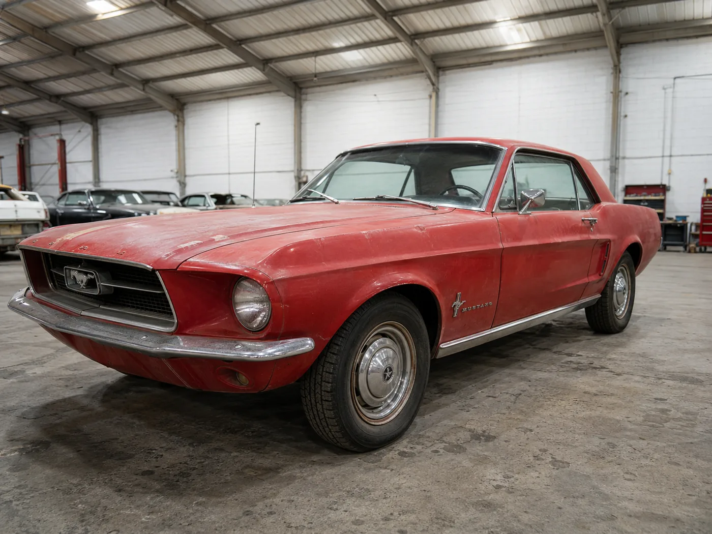 Classic Ford Mustang with faded, worn paint, before the process